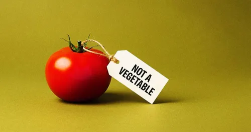 A tomato with a paper tag tied to its stem that reads 'NOT A VEGETABLE,' against a mustard-yellow background.