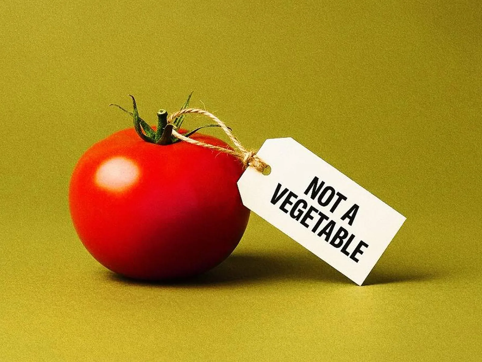 A tomato with a paper tag tied to its stem that reads 'NOT A VEGETABLE,' against a mustard-yellow background.