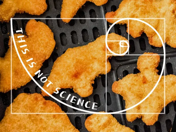 A Fibonacci spiral diagram overlaid on a plate of breaded fried food, with the text 'this is not science' traced along the spiral curve.