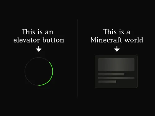 Side-by-side comparison of a green circular loading spinner labeled 'This is an elevator button' and a dark skeleton screen card labeled 'This is a Minecraft world.'